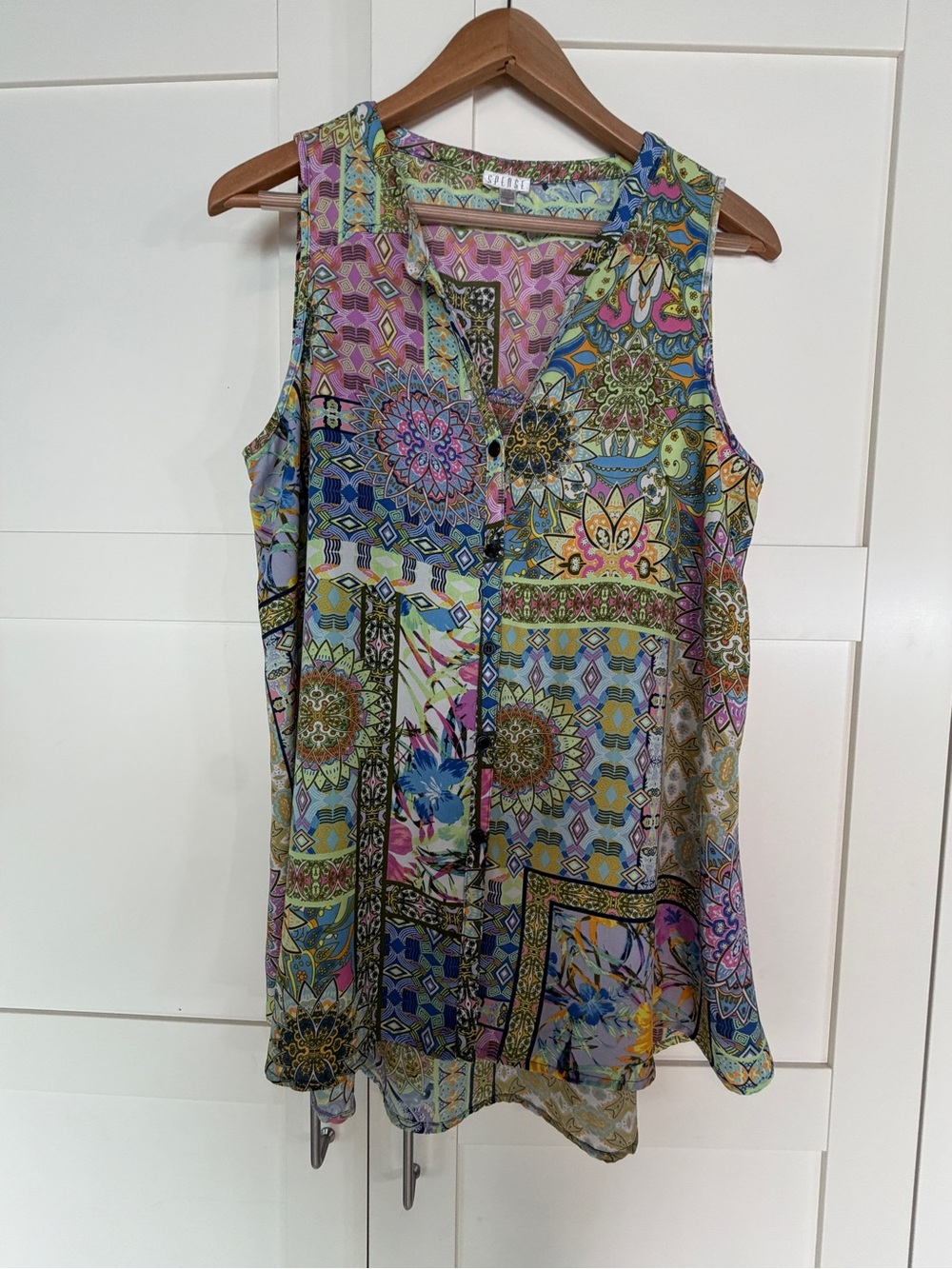 Spense Multicolor Floral Patchwork Sleeveless V-Neck Tunic B12